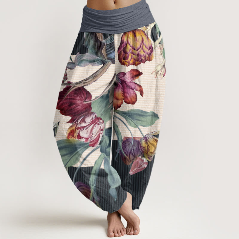 Buddha Stones Cotton Tulips Green Leaves Design Women's Elastic Waist Harem Pants - LightSteelBlue - US22，UK/AU26，EU54 (6XL) - image 7
