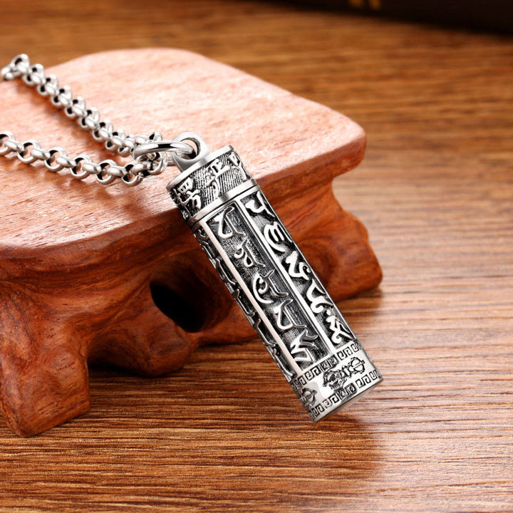 Buddha Stones Tibetan Om Mani Padme Hum Copper Plated Silver Shurangama Mantra Vajra Pattern Peace Necklace Pendant - Silvery - image 0