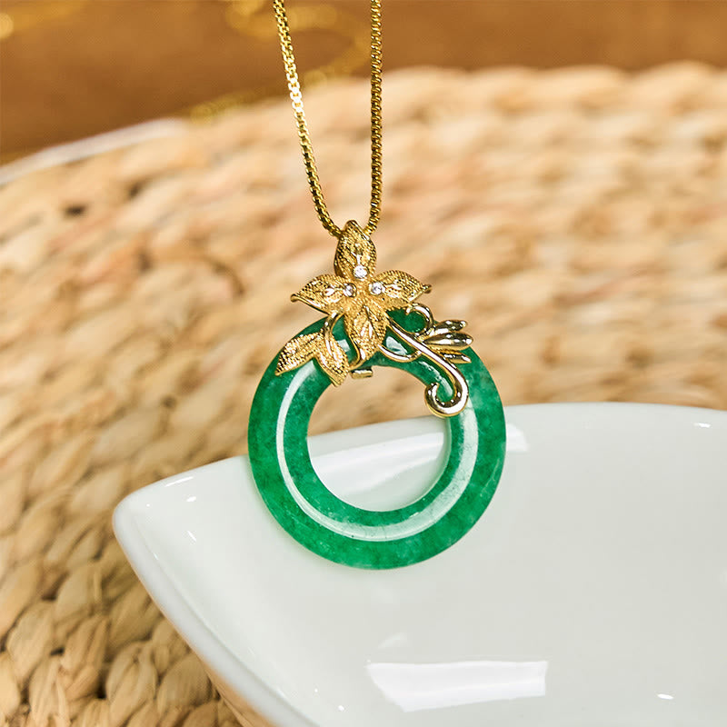 Buddha Stones Cyan Jade Peace Buckle Alloy Flower Healing Luck Necklace Pendant - Cyan Jade-Gold Flower - image 0