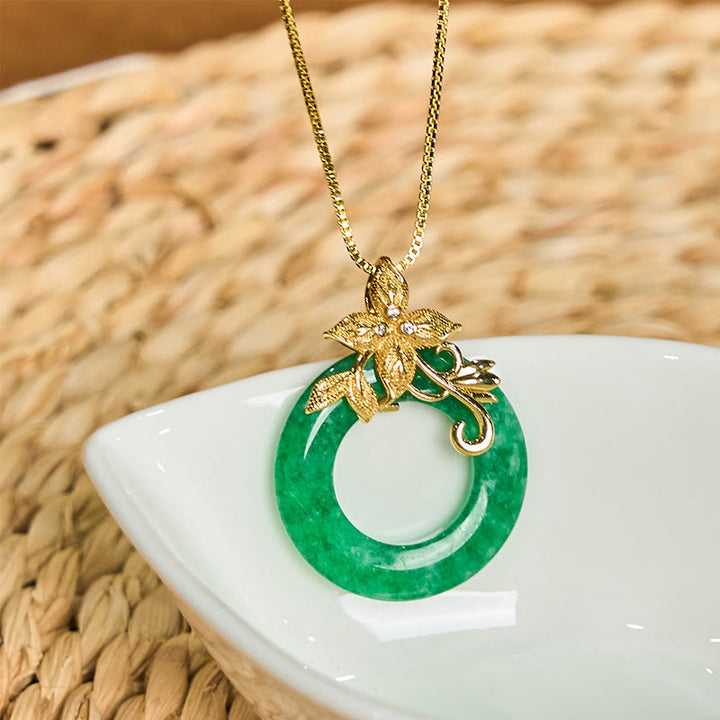 Buddha Stones Cyan Jade Peace Buckle Alloy Flower Healing Luck Necklace Pendant - image 2
