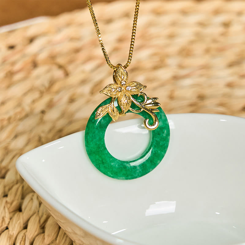 Buddha Stones Cyan Jade Peace Buckle Alloy Flower Healing Luck Necklace Pendant - image 3