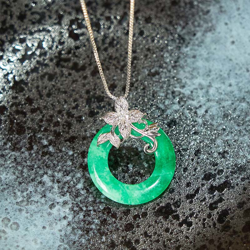 Buddha Stones Cyan Jade Peace Buckle Alloy Flower Healing Luck Necklace Pendant - image 15