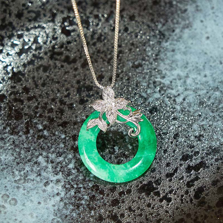 Buddha Stones Cyan Jade Peace Buckle Alloy Flower Healing Luck Necklace Pendant - image 15