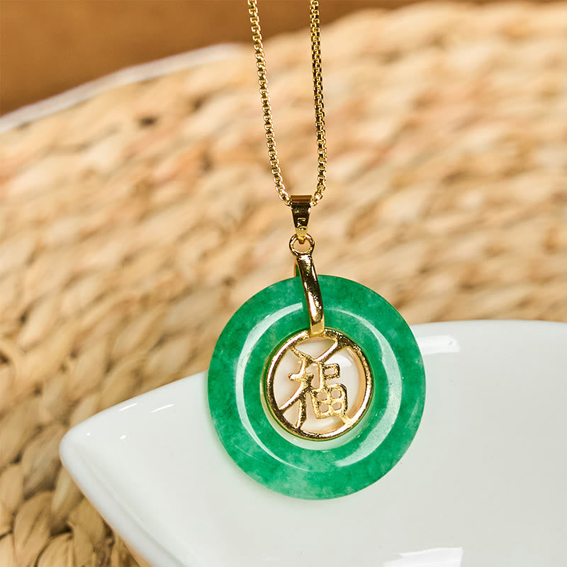 Buddha Stones Cyan Jade Fu Character Peace Buckle Healing Luck Necklace Pendant - image 1