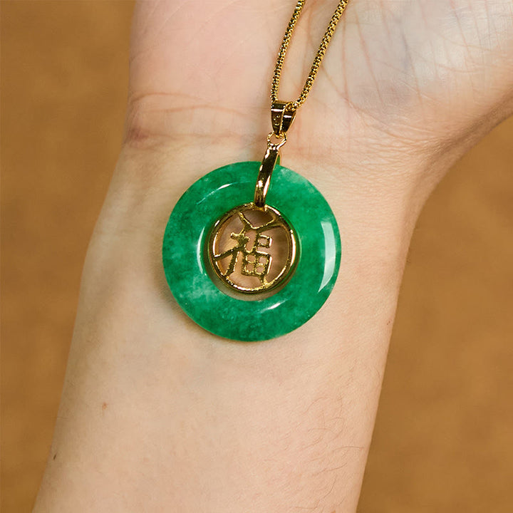 Buddha Stones Cyan Jade Fu Character Peace Buckle Healing Luck Necklace Pendant - image 3