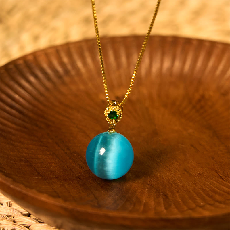 Buddha Stones Cat's Eye Round Ball Confidence Necklace Pendant - Blue Cat's Eye - image 0