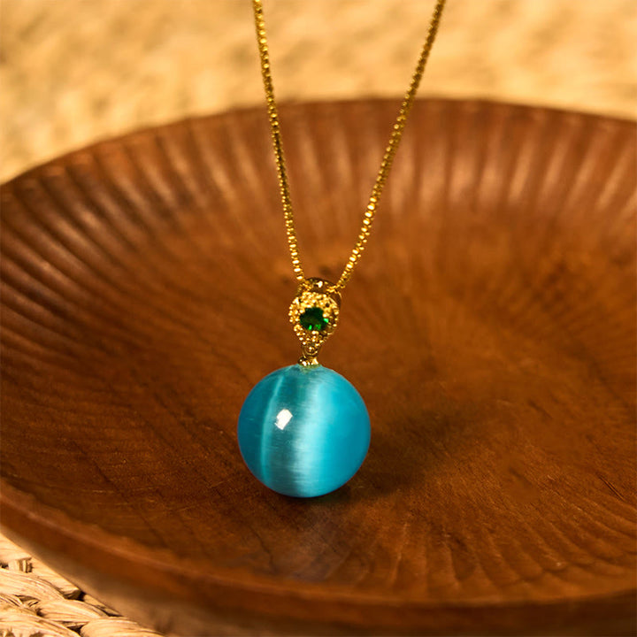 Buddha Stones Cat's Eye Round Ball Confidence Necklace Pendant - Blue Cat's Eye - image 0