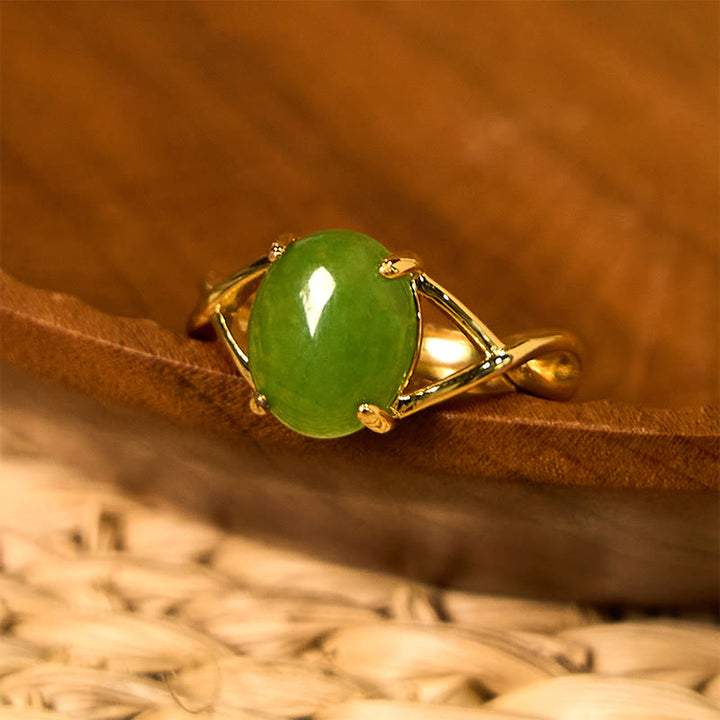 Buddha Stones Natural Jade Alloy Adjustable Buckle Abundance Ring - Golden - image 0