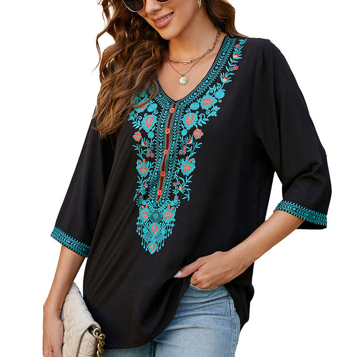 Buddha Stones Summer Casual Embroidery Flower Leaf Half Sleeve V-neck Cotton Women's T-Shirt - image 8
