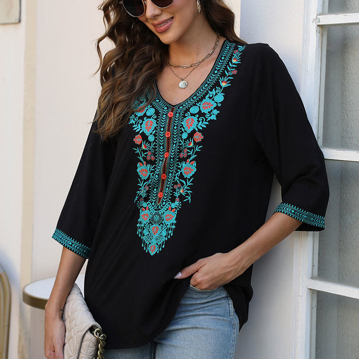 Buddha Stones Summer Casual Embroidery Flower Leaf Half Sleeve V-neck Cotton Women's T-Shirt - Black - US12，UK/AU16，EU44 (3XL) - image 0