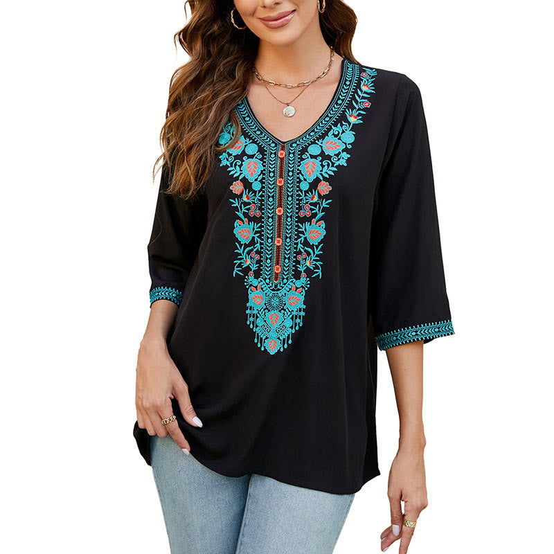 Buddha Stones Summer Casual Embroidery Flower Leaf Half Sleeve V-neck Cotton Women's T-Shirt - image 9