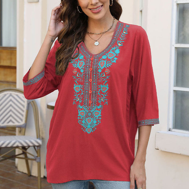 Buddha Stones Summer Casual Embroidery Flower Leaf Half Sleeve V-neck Cotton Women's T-Shirt - image 20