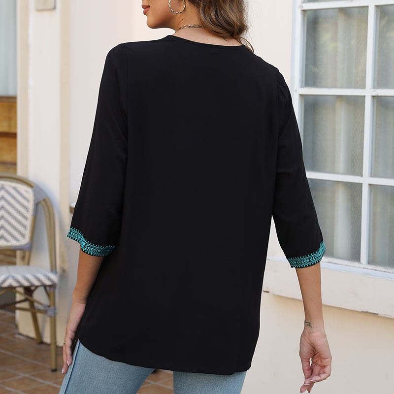 Buddha Stones Summer Casual Embroidery Flower Leaf Half Sleeve V-neck Cotton Women's T-Shirt - image 7