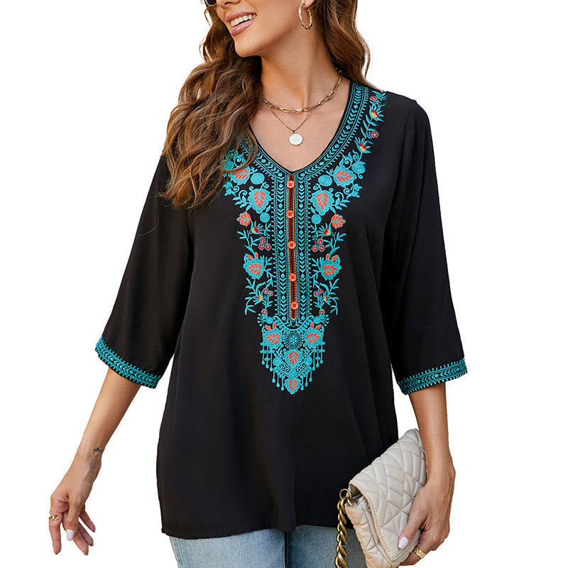 Buddha Stones Summer Casual Embroidery Flower Leaf Half Sleeve V-neck Cotton Women's T-Shirt - image 10