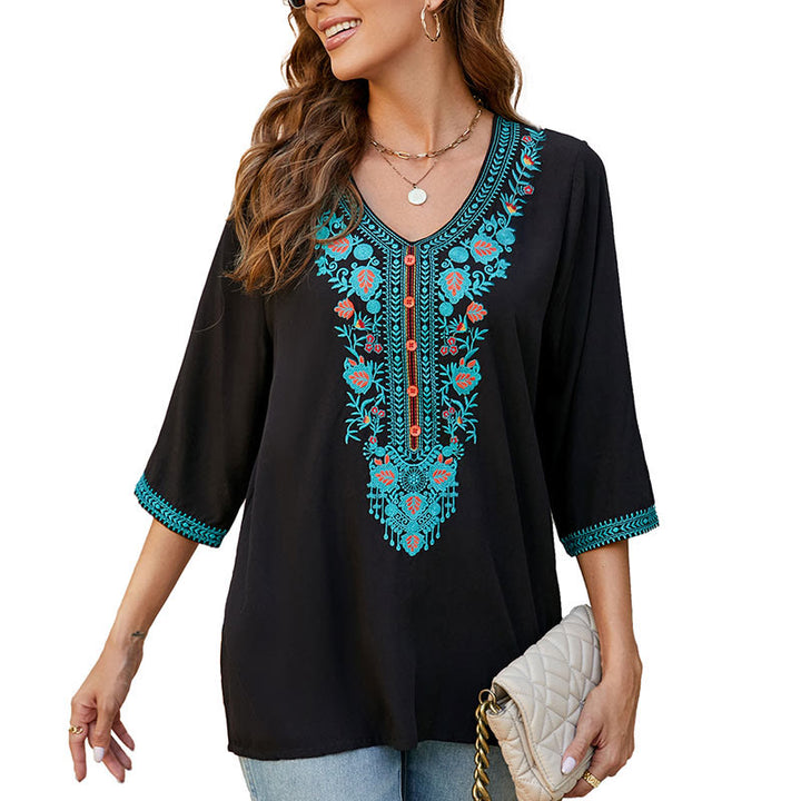 Buddha Stones Summer Casual Embroidery Flower Leaf Half Sleeve V-neck Cotton Women's T-Shirt - image 10