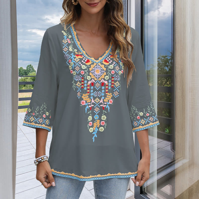Buddha Stones Spring Daily Embroidery Flower Pattern Long Sleeve V-neck Cotton Women's T-Shirt - image 11