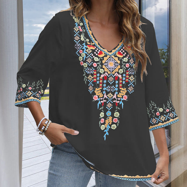 Buddha Stones Spring Daily Embroidery Flower Pattern Long Sleeve V-neck Cotton Women's T-Shirt - image 4