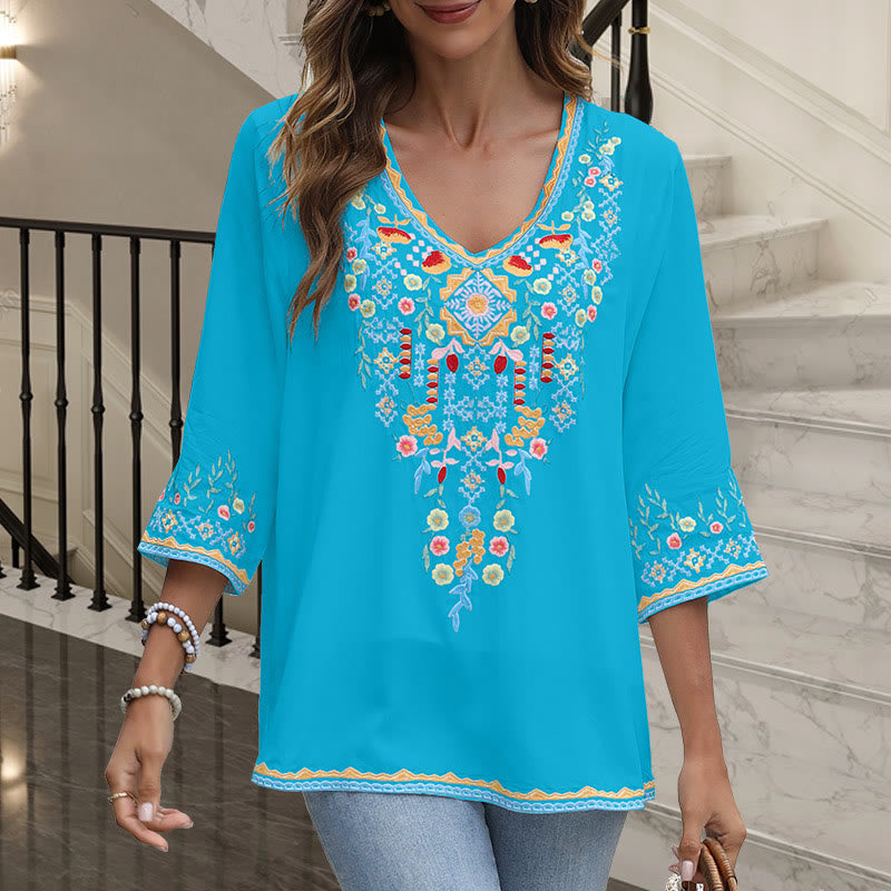 Buddha Stones Spring Daily Embroidery Flower Pattern Long Sleeve V-neck Cotton Women's T-Shirt - DeepSkyBlue - US14，UK/AU18，EU46 (4XL) - image 15
