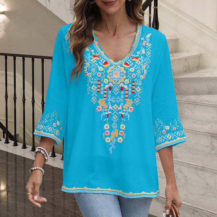 Buddha Stones Spring Daily Embroidery Flower Pattern Long Sleeve V-neck Cotton Women's T-Shirt - DeepSkyBlue - US14，UK/AU18，EU46 (4XL) - image 15