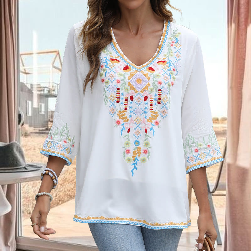 Buddha Stones Spring Daily Embroidery Flower Pattern Long Sleeve V-neck Cotton Women's T-Shirt - Snow - US14，UK/AU18，EU46 (4XL) - image 5