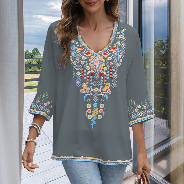 Buddha Stones Spring Daily Embroidery Flower Pattern Long Sleeve V-neck Cotton Women's T-Shirt - Gray - US14，UK/AU18，EU46 (4XL) - image 10