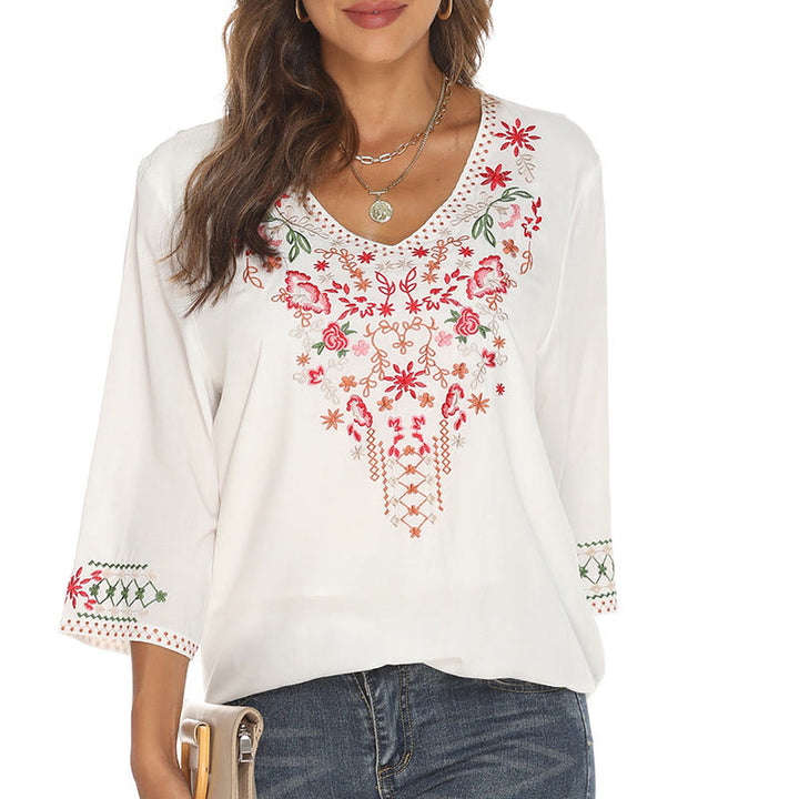 Buddha Stones Summer Embroidery Flower Simple Design Three Quarter Sleeve V-neck Cotton Women's T-Shirt - Snow - US12，UK/AU16，EU44 (3XL) - image 7