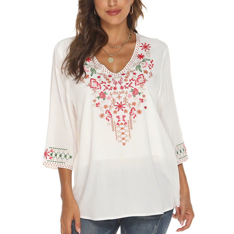 Buddha Stones Summer Embroidery Flower Simple Design Three Quarter Sleeve V-neck Cotton Women's T-Shirt - image 10