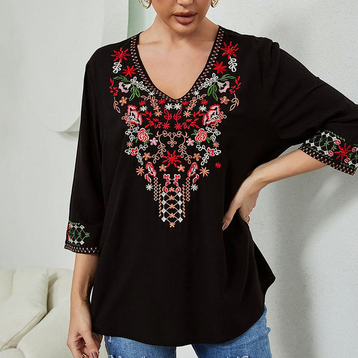 Buddha Stones Summer Embroidery Flower Simple Design Three Quarter Sleeve V-neck Cotton Women's T-Shirt - Black - US12，UK/AU16，EU44 (3XL) - image 0