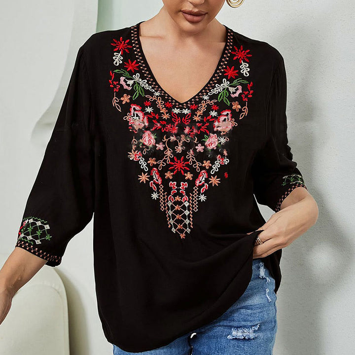 Buddha Stones Summer Embroidery Flower Simple Design Three Quarter Sleeve V-neck Cotton Women's T-Shirt - image 5