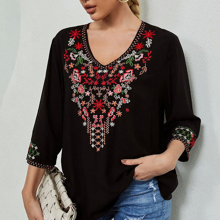 Buddha Stones Summer Embroidery Flower Simple Design Three Quarter Sleeve V-neck Cotton Women's T-Shirt - image 4