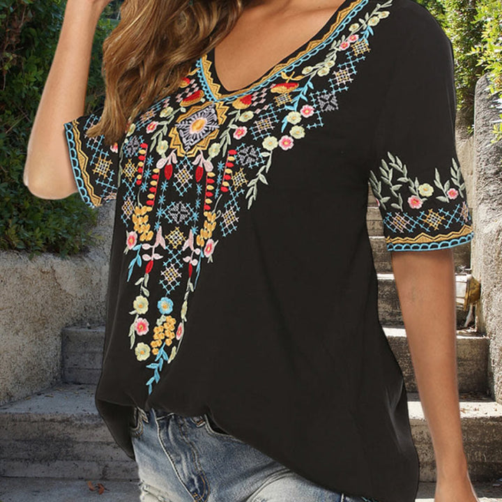 Buddha Stones Embroidery Flower Design Short Sleeve V-neck Cotton Women's T-Shirt - image 12