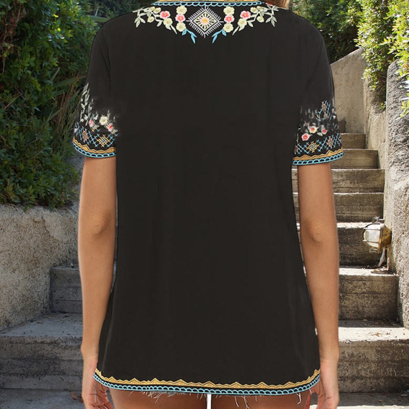 Buddha Stones Embroidery Flower Design Short Sleeve V-neck Cotton Women's T-Shirt - image 15