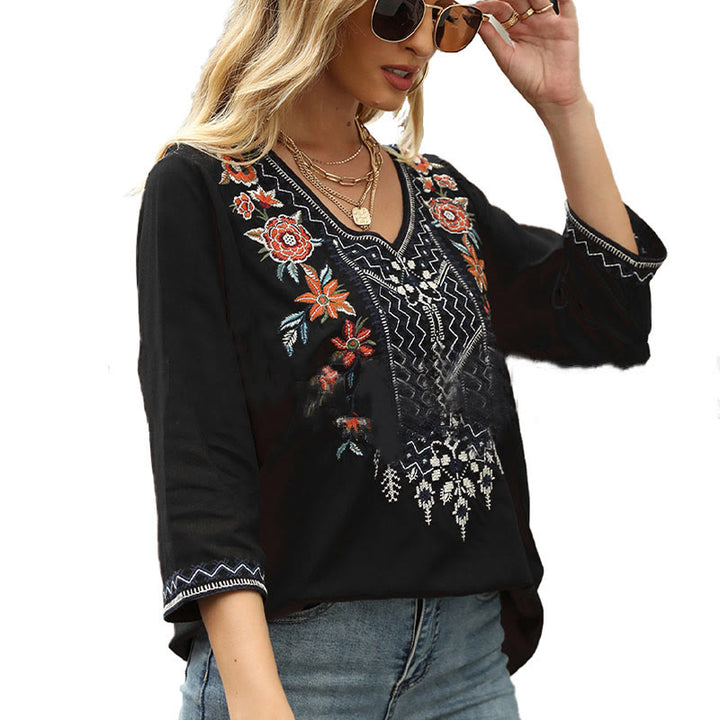Buddha Stones Spring Casual Plain Embroidery Floral Pattern Design Three Quarter Sleeve V-neck Cotton Women's T-Shirt - image 9