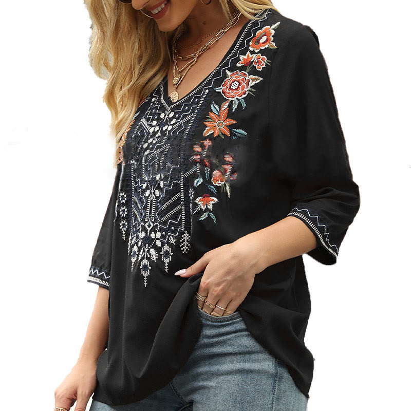 Buddha Stones Spring Casual Plain Embroidery Floral Pattern Design Three Quarter Sleeve V-neck Cotton Women's T-Shirt - image 11