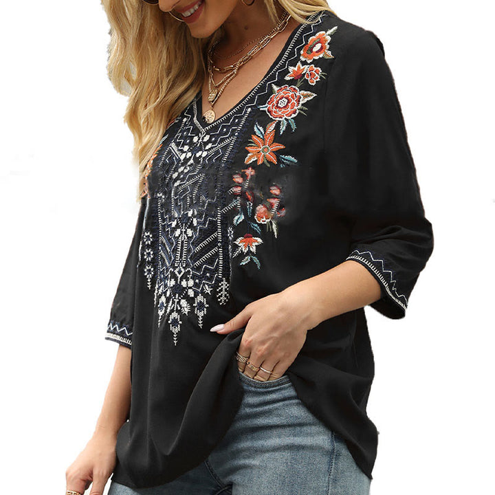 Buddha Stones Spring Casual Plain Embroidery Floral Pattern Design Three Quarter Sleeve V-neck Cotton Women's T-Shirt - image 11