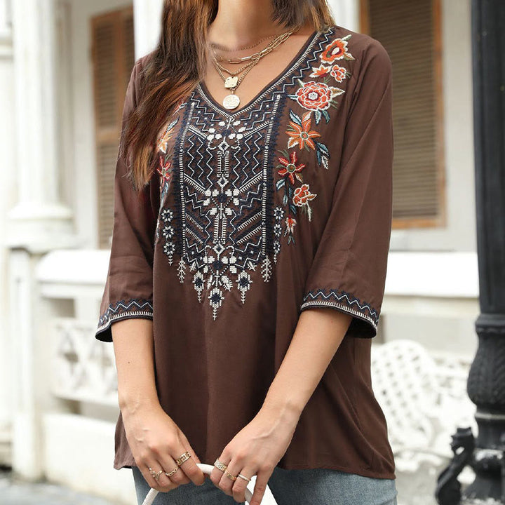 Buddha Stones Spring Casual Plain Embroidery Floral Pattern Design Three Quarter Sleeve V-neck Women's T-Shirt - Sienna - US12，UK/AU16，EU44 (3XL) - image 0