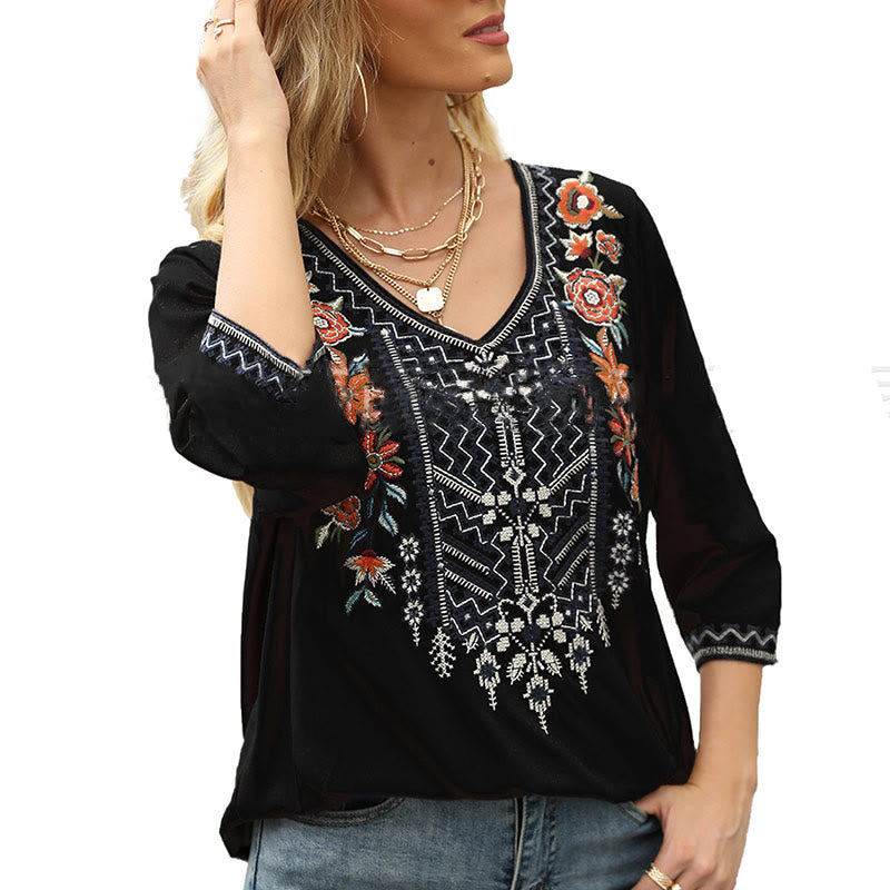 Buddha Stones Spring Casual Plain Embroidery Floral Pattern Design Three Quarter Sleeve V-neck Cotton Women's T-Shirt - image 10