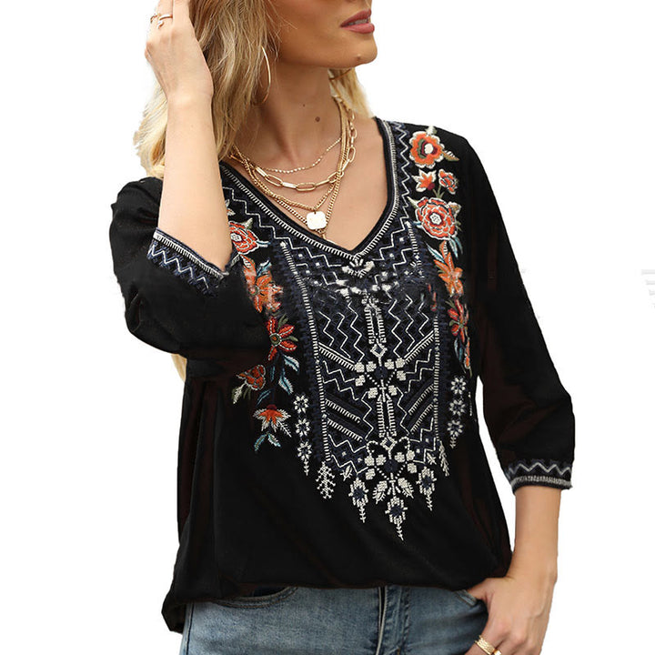 Buddha Stones Spring Casual Plain Embroidery Floral Pattern Design Three Quarter Sleeve V-neck Cotton Women's T-Shirt - image 10