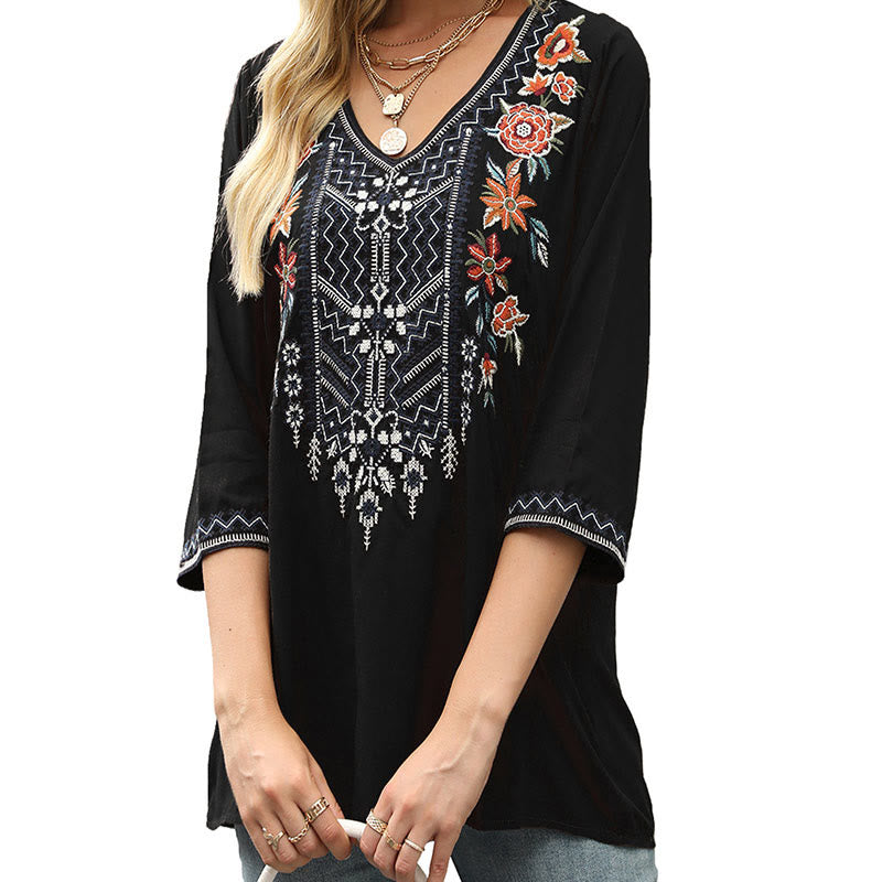 Buddha Stones Spring Casual Plain Embroidery Floral Pattern Design Three Quarter Sleeve V-neck Women's T-Shirt - Black - US12，UK/AU16，EU44 (3XL) - image 7