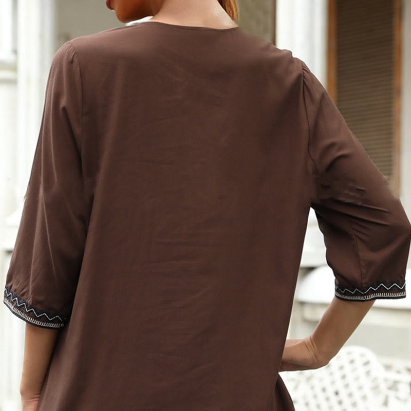 Buddha Stones Spring Casual Plain Embroidery Floral Pattern Design Three Quarter Sleeve V-neck Women's T-Shirt - image 3