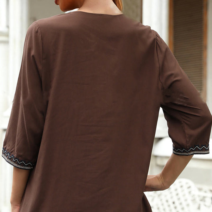 Buddha Stones Spring Casual Plain Embroidery Floral Pattern Design Three Quarter Sleeve V-neck Women's T-Shirt - image 3