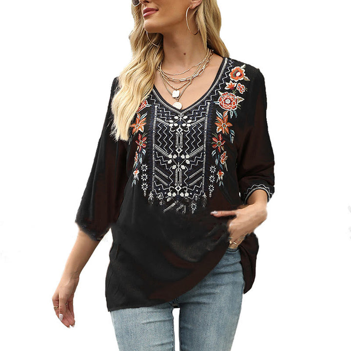 Buddha Stones Spring Casual Plain Embroidery Floral Pattern Design Three Quarter Sleeve V-neck Women's T-Shirt - image 8