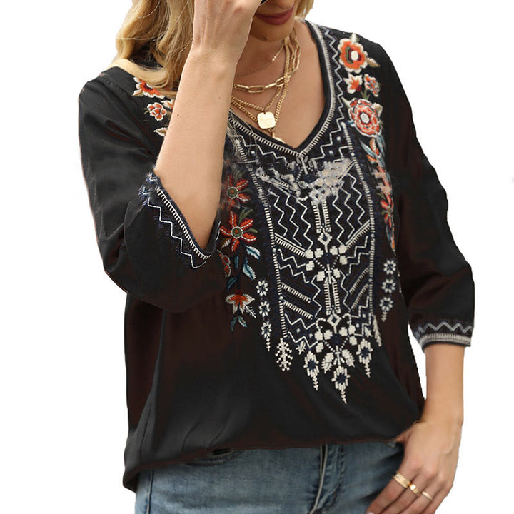 Buddha Stones Spring Casual Plain Embroidery Floral Pattern Design Three Quarter Sleeve V-neck Cotton Women's T-Shirt - image 13