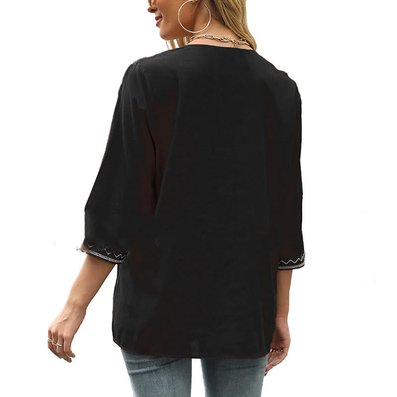 Buddha Stones Spring Casual Plain Embroidery Floral Pattern Design Three Quarter Sleeve V-neck Women's T-Shirt - image 12