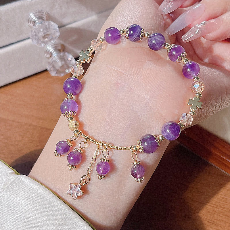 Buddha Stones Natural Amethyst Four Leaf Clover Star Peace Bracelet - image 9