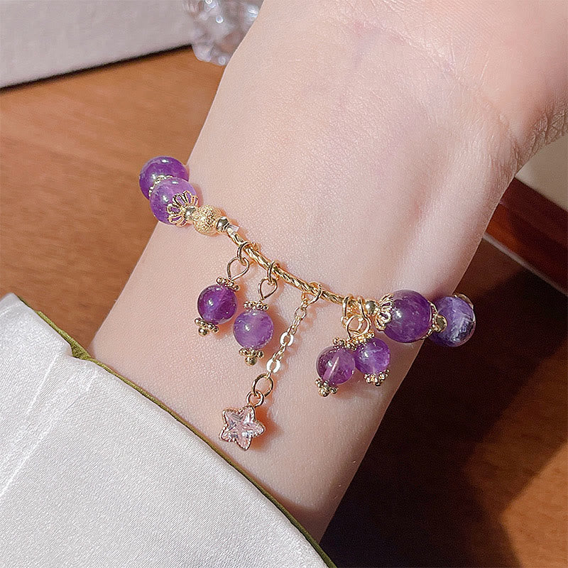 Buddha Stones Natural Amethyst Four Leaf Clover Star Peace Bracelet - image 8