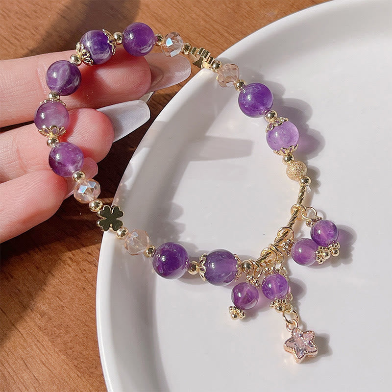 Buddha Stones Natural Amethyst Four Leaf Clover Star Peace Bracelet - image 7
