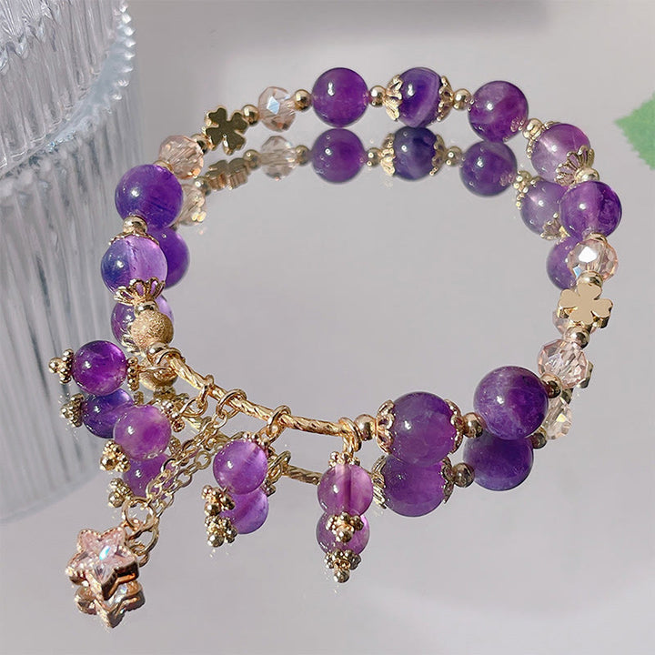 Buddha Stones Natural Amethyst Four Leaf Clover Star Peace Bracelet - image 6