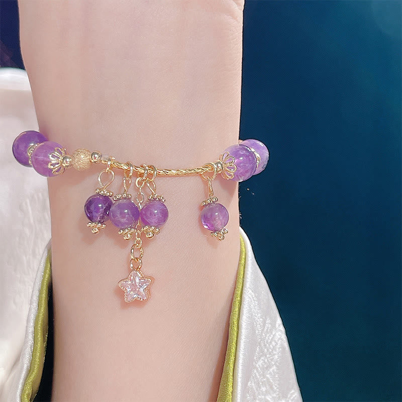 Buddha Stones Natural Amethyst Four Leaf Clover Star Peace Bracelet - image 10