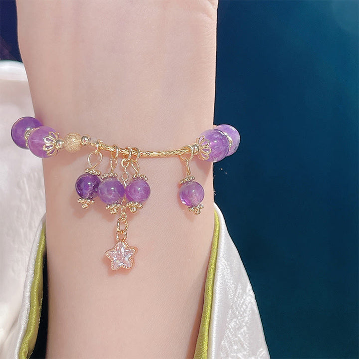 Buddha Stones Natural Amethyst Four Leaf Clover Star Peace Bracelet - image 10